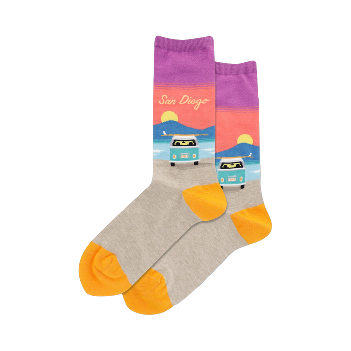 Crew socks in grey with orange toes and heels. The top features a purple, pink, and coral sunset design, a teal VW bus, and 'San Diego' text. }}