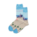 Pair of crew socks showcasing a Los Angeles beach scene. Light beige with palm trees at the bottom, light blue at the top with a lifeguard tower and 'Los Angeles' text.