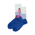 Pair of blue crew socks showcasing Botticelli's 'Birth of Venus.'  The socks feature a pastel-colored image of the painting on a white and light blue background.