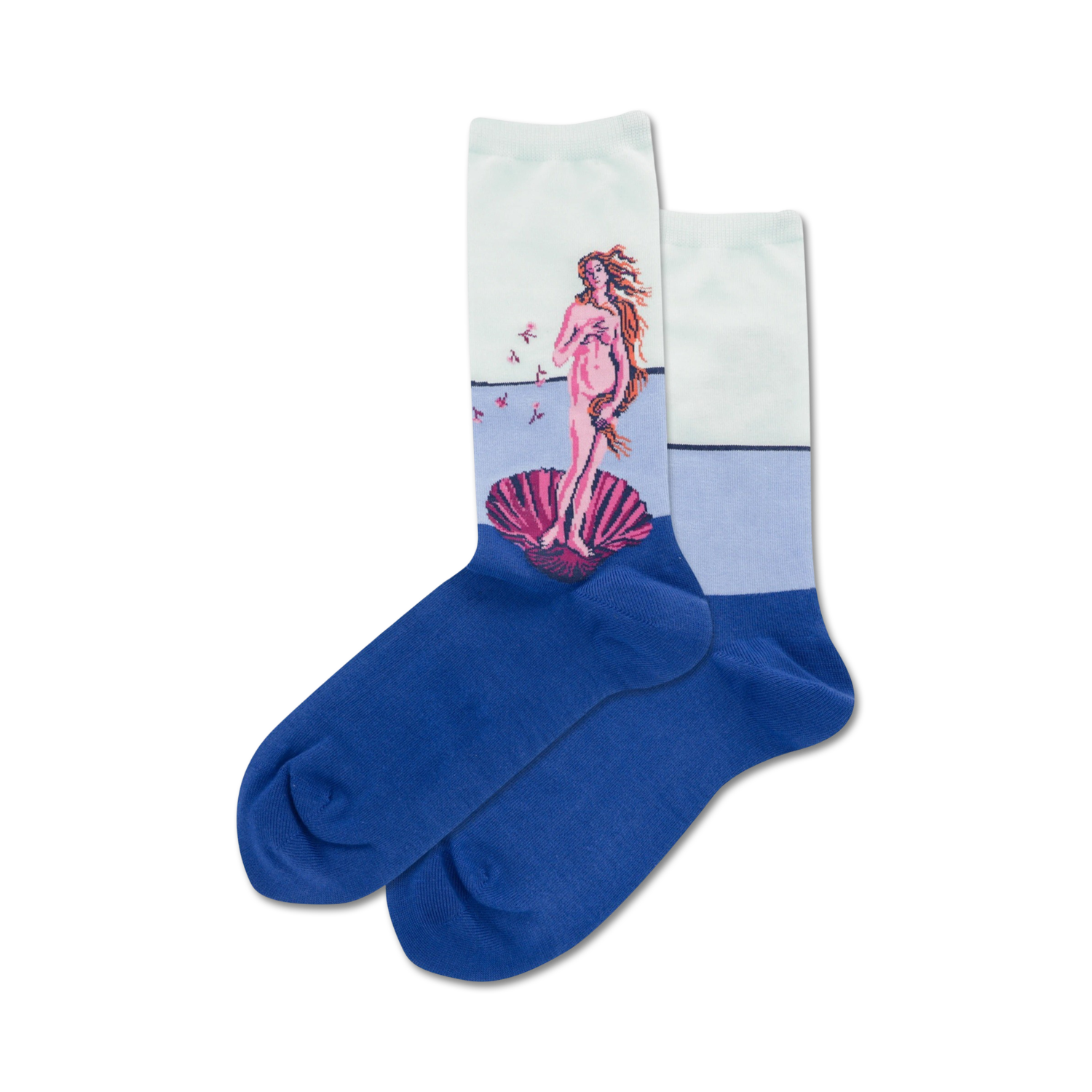 Pair of blue crew socks showcasing Botticelli's 'Birth of Venus.'  The socks feature a pastel-colored image of the painting on a white and light blue background.