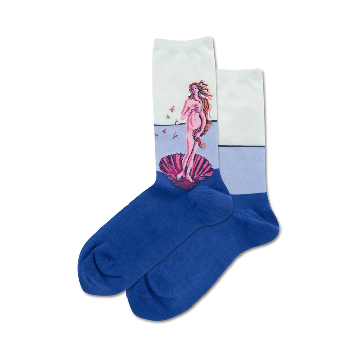  sandro botticelli's the birth of venus painted across crew-length blue socks with white paneling.    }}