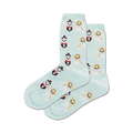 Pair of pastel green crew socks featuring a repeating pattern of illustrated Chihuahuas dressed in wedding attire.