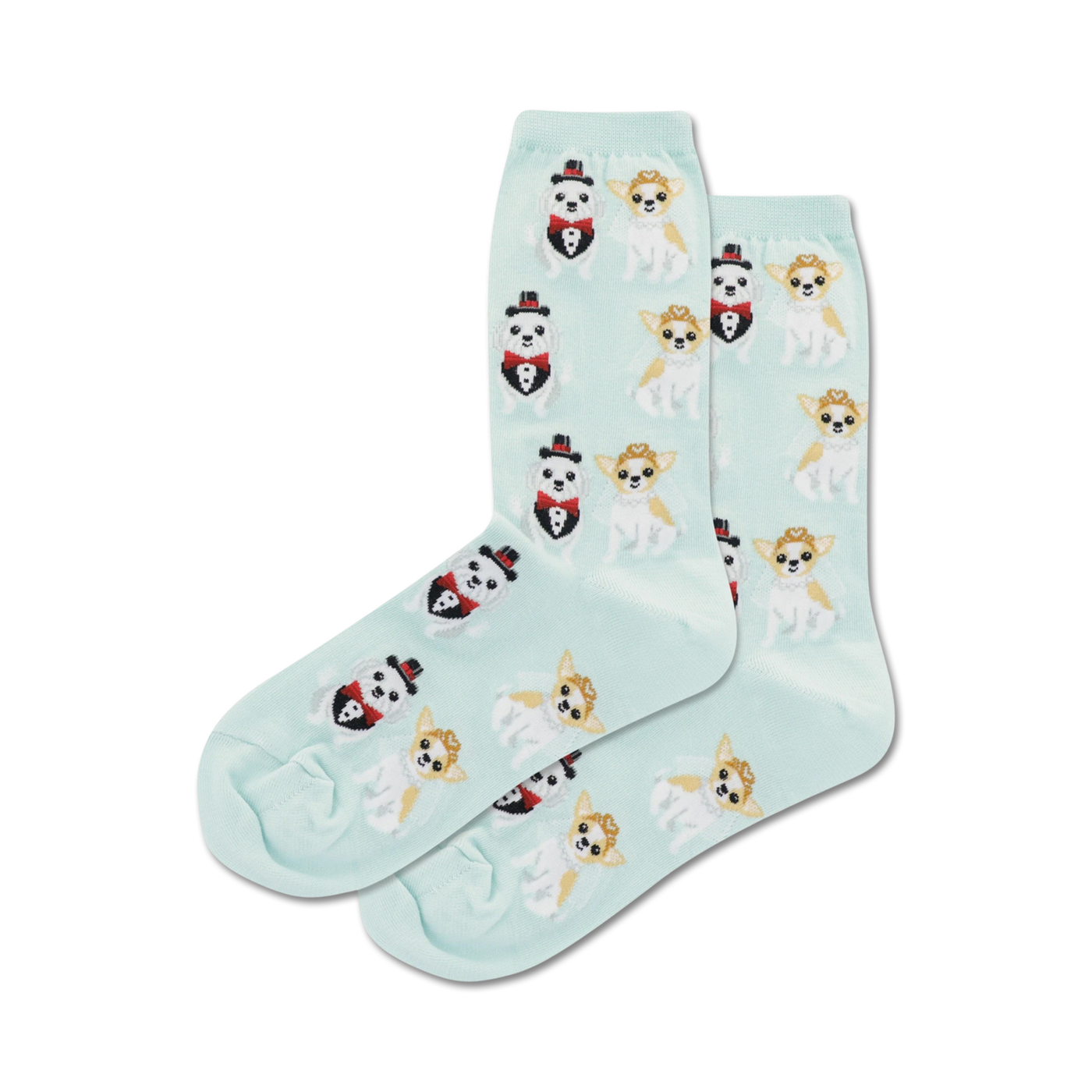 Pair of pastel green crew socks featuring a repeating pattern of illustrated Chihuahuas dressed in wedding attire.