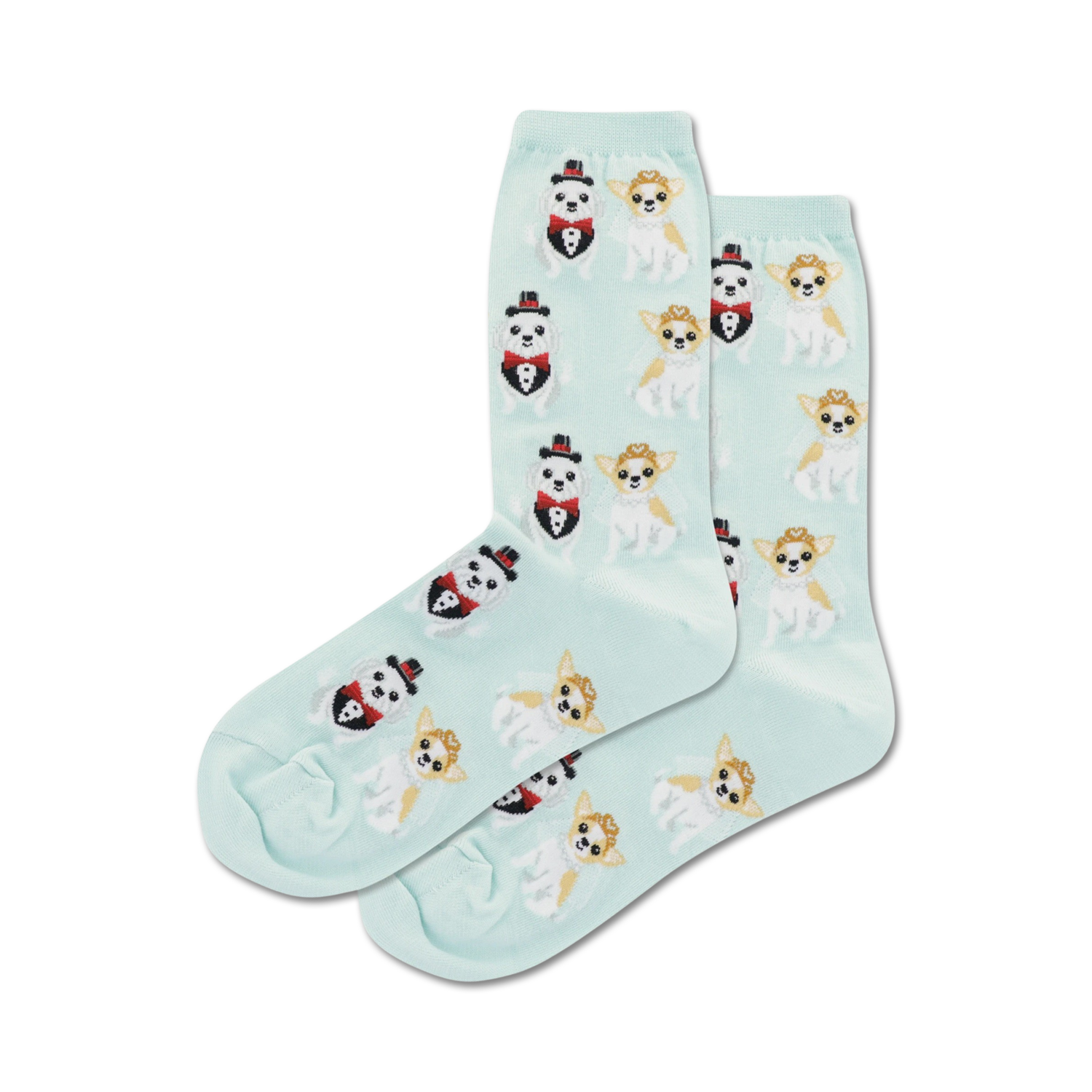 Pair of pastel green crew socks featuring a repeating pattern of illustrated Chihuahuas dressed in wedding attire.