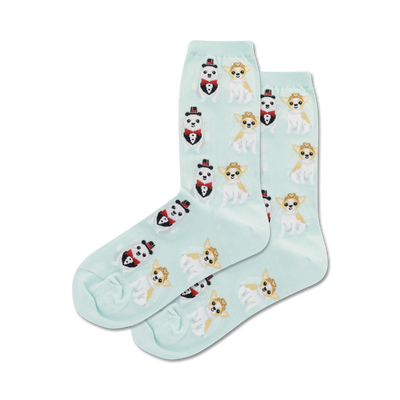 light blue crew socks with cartoon dogs in wedding attire.  