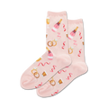 Pair of women's crew socks in pink and light blue. Features champagne bottles, wedding rings, and confetti.