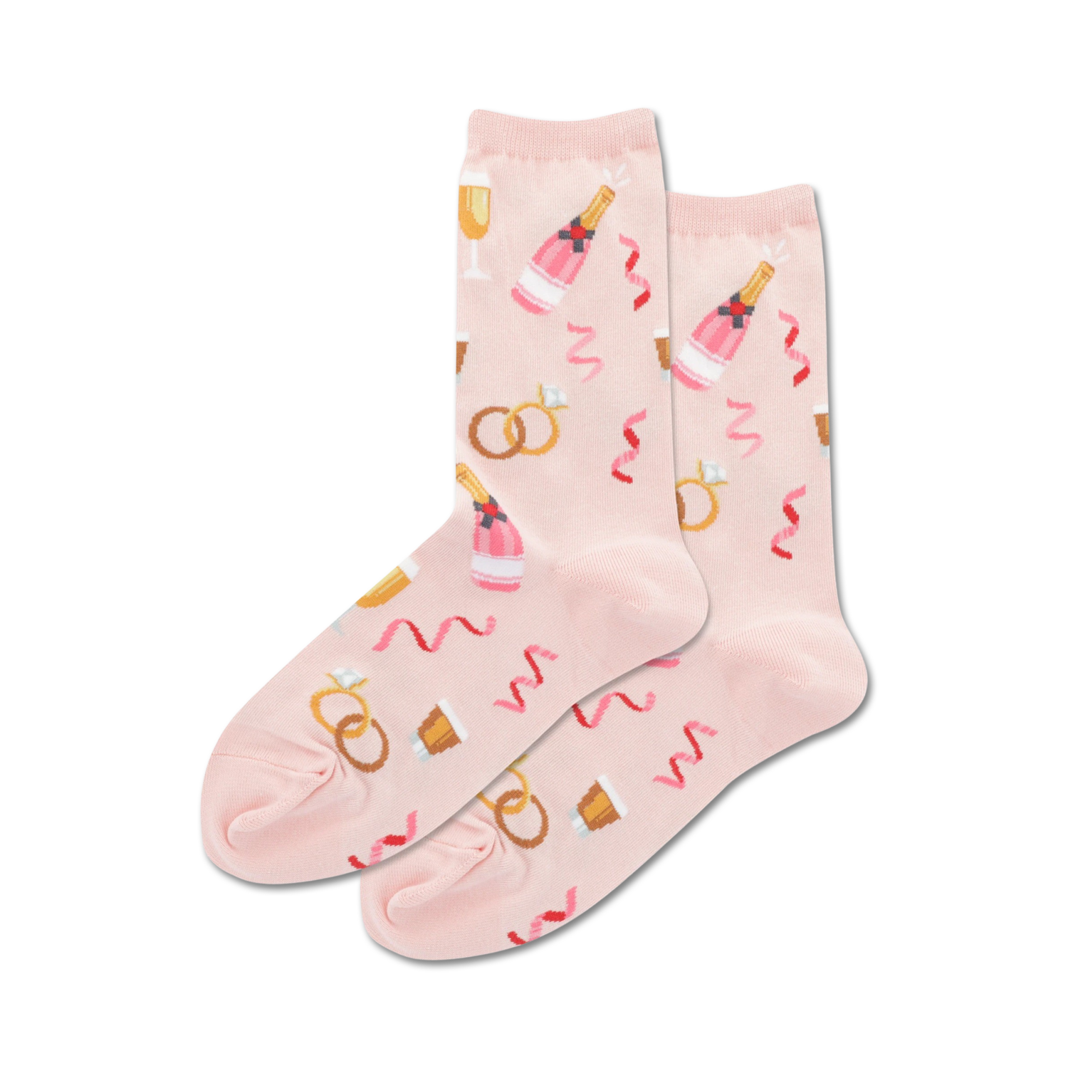 Pair of women's crew socks in pink and light blue. Features champagne bottles, wedding rings, and confetti.