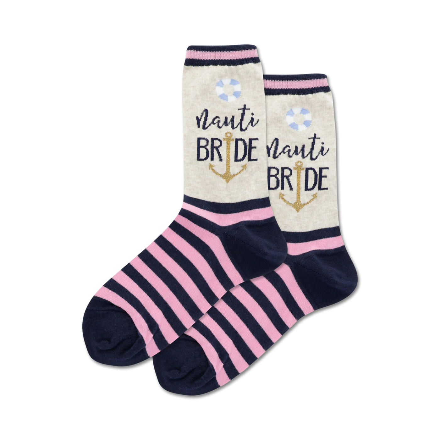 Pair of women's crew socks. Pink and navy blue stripes, with a cream-colored section that says 'Nauti Bride' with an anchor and life preserver.