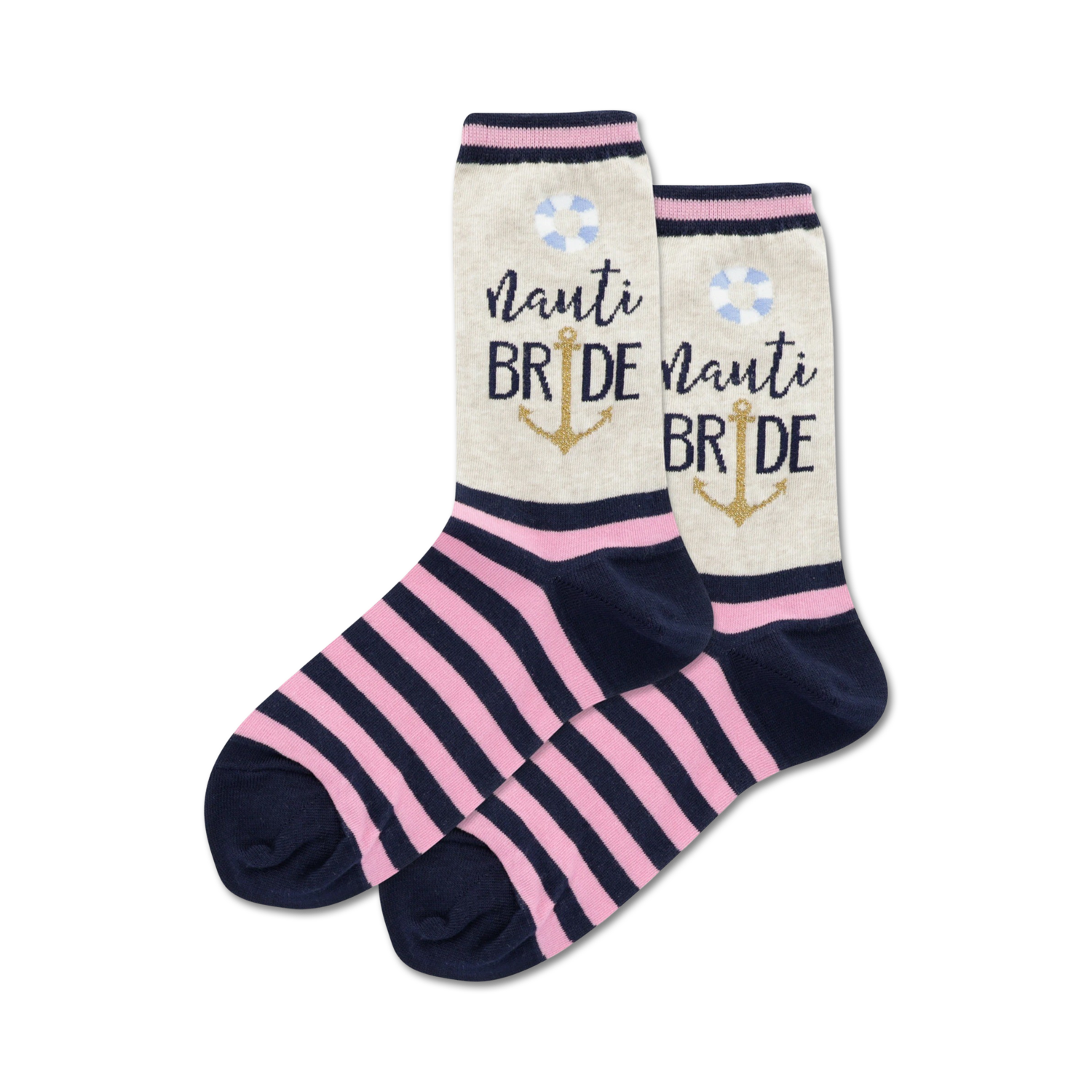Pair of women's crew socks. Pink and navy blue stripes, with a cream-colored section that says 'Nauti Bride' with an anchor and life preserver.
