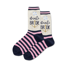 crew-length, striped socks with "nauti bride" and anchor design for women.   