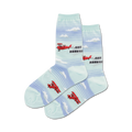 Pair of crew socks in light blue and white. Design features red airplanes and 'Just Married' text.