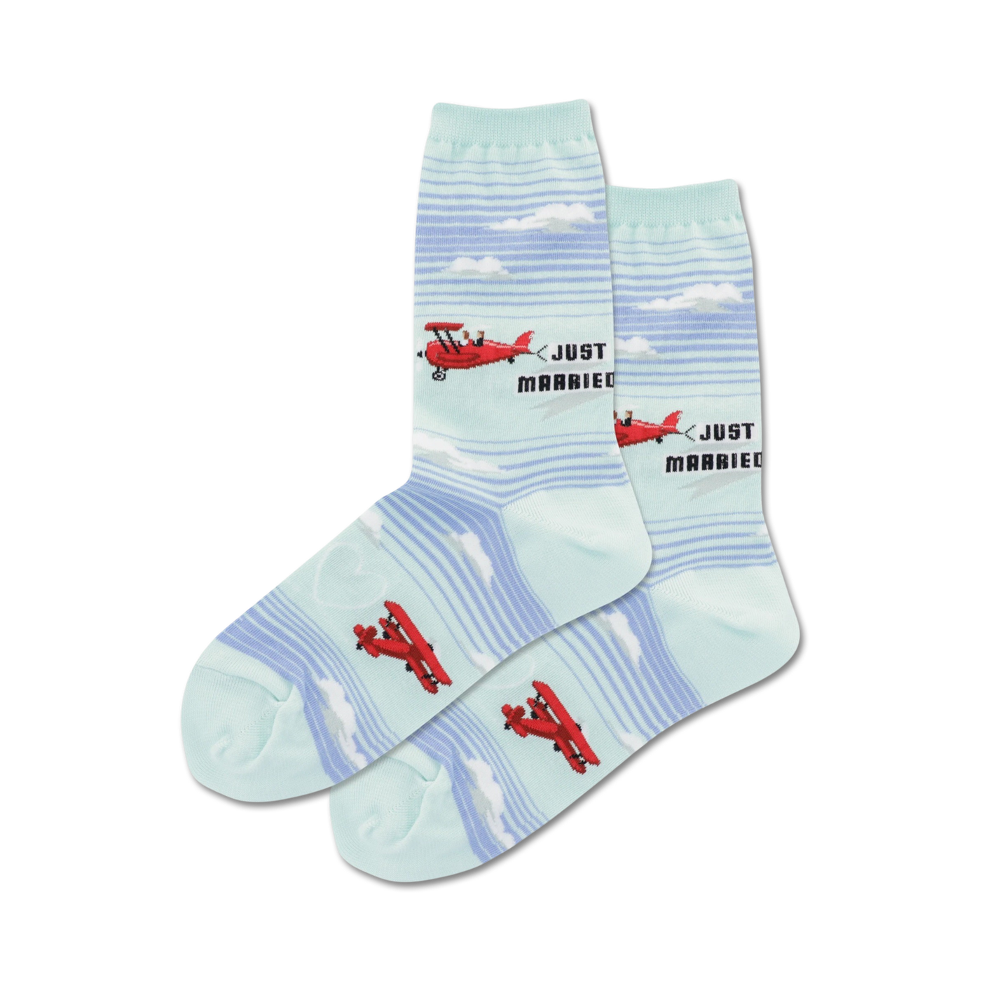 Pair of crew socks in light blue and white. Design features red airplanes and 'Just Married' text.