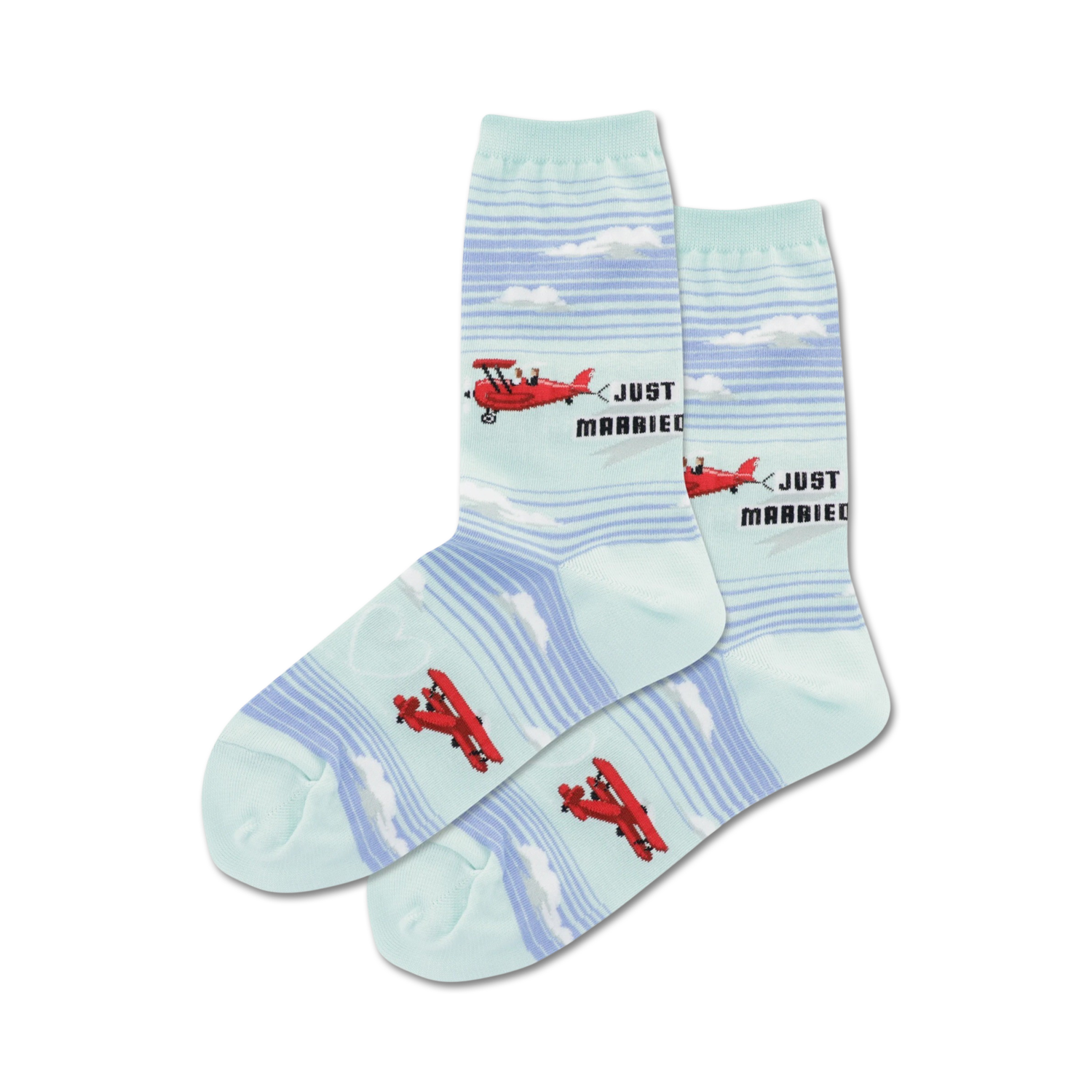 Pair of crew socks in light blue and white. Design features red airplanes and 'Just Married' text.