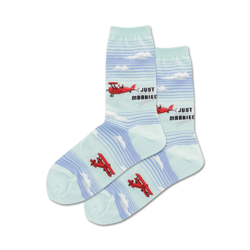 crew-length "just married plane" socks feature red biplanes on a blue background