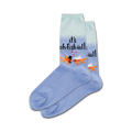 Pair of light blue crew socks featuring two goldfish kissing, text 'It's Oh-fish-ial!', and small hearts.