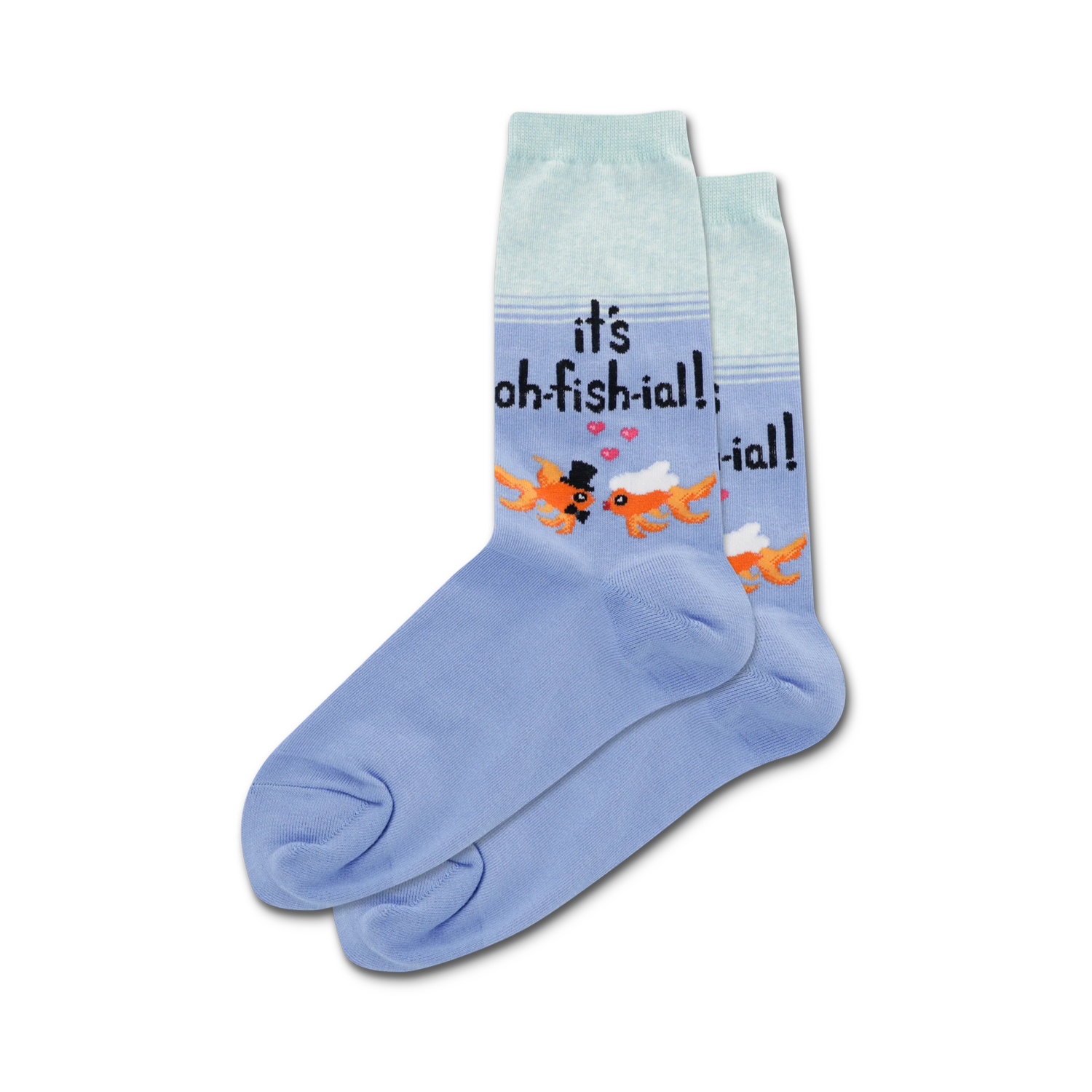Pair of light blue crew socks featuring two goldfish kissing, text 'It's Oh-fish-ial!', and small hearts.