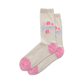 Pair of beige crew socks with pink heels and toes.  Features a lavender 'Bridesmaid' script and small floral design.