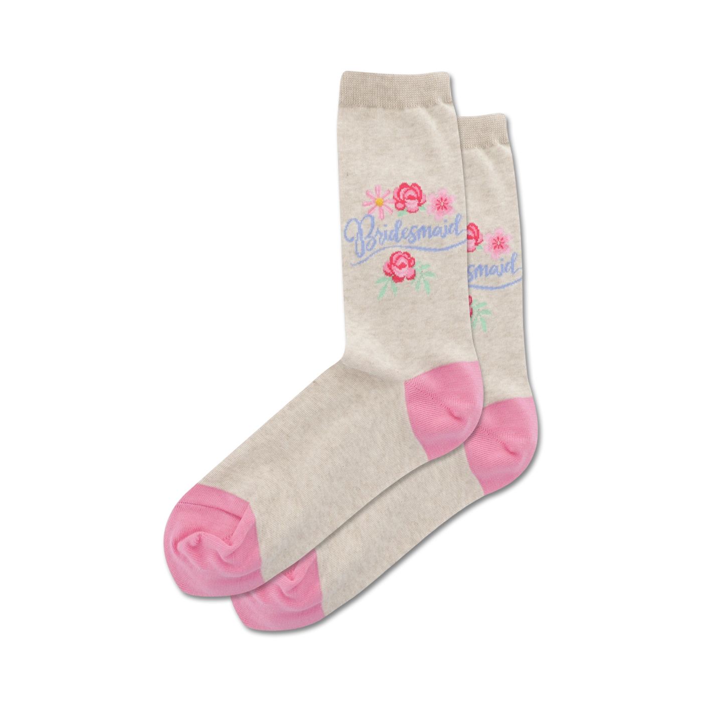 Pair of beige crew socks with pink heels and toes.  Features a lavender 'Bridesmaid' script and small floral design.