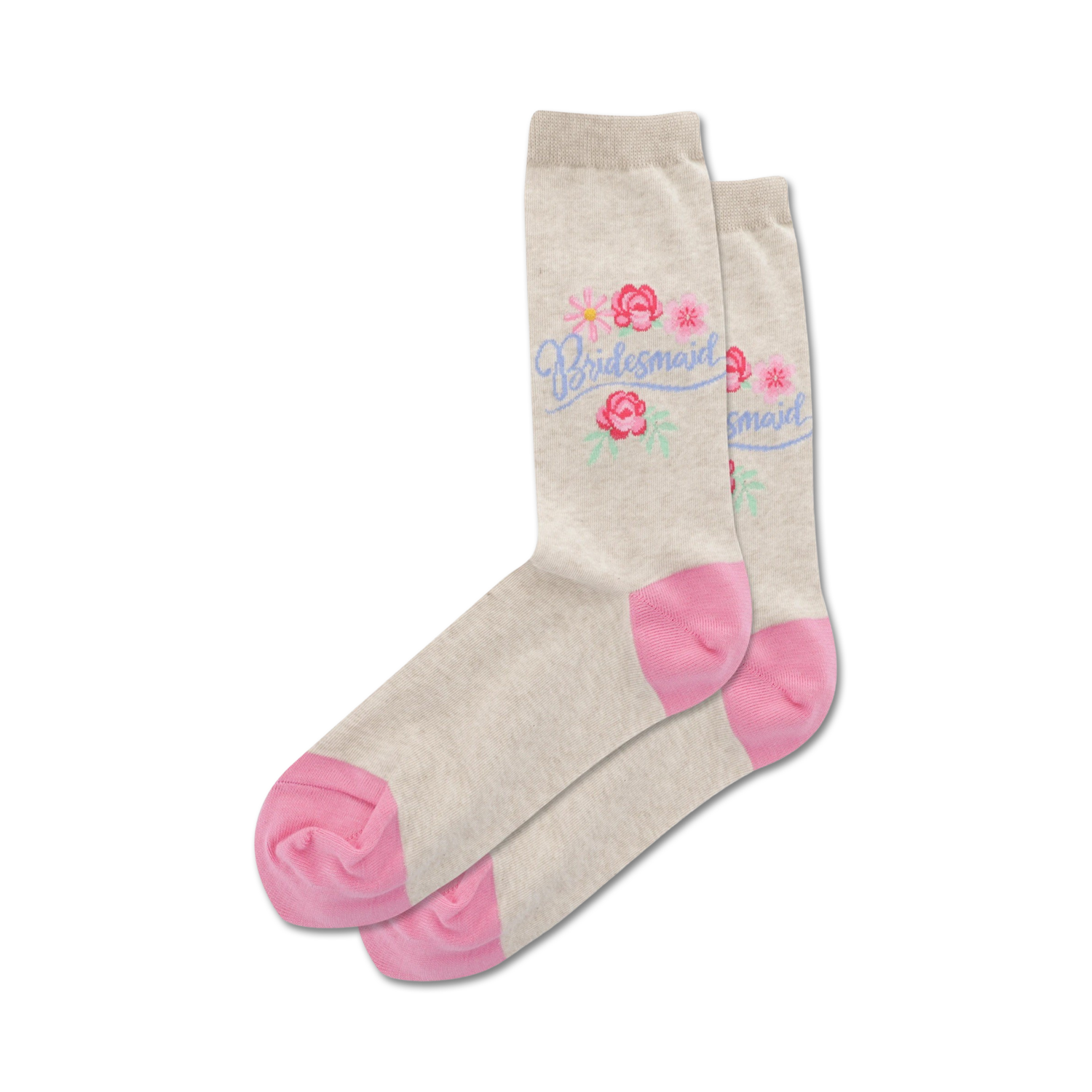 Pair of beige crew socks with pink heels and toes.  Features a lavender 'Bridesmaid' script and small floral design.