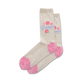 beige crew socks with the text bridesmaid in blue surrounded by flowers. 