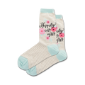 Pair of women's crew socks in beige with thin stripes and a teal cuff.  The socks are adorned with pink flowers and the text "Happily ever after."