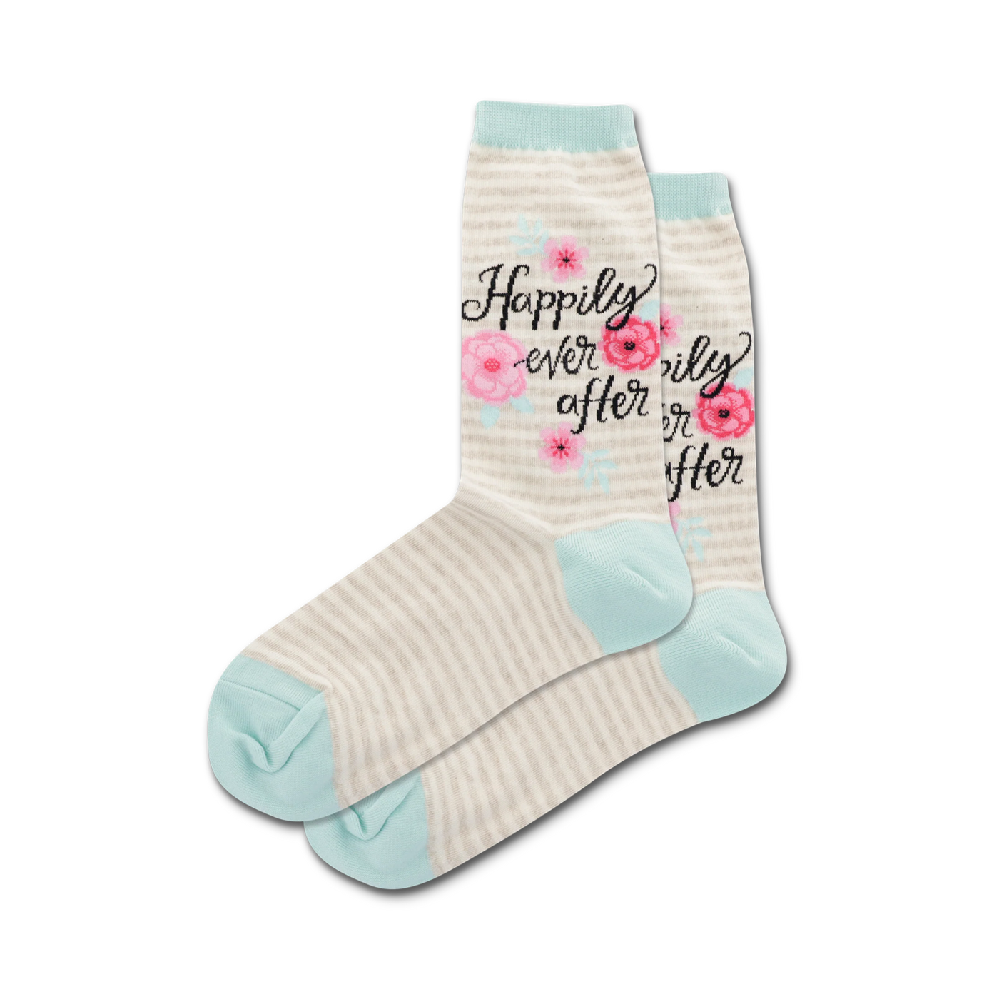 Pair of women's crew socks in beige with thin stripes and a teal cuff.  The socks are adorned with pink flowers and the text "Happily ever after."