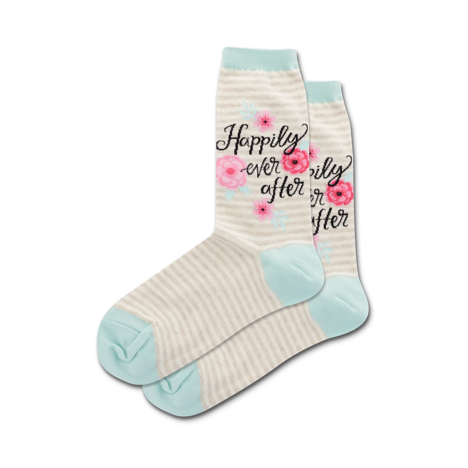 Pair of women's crew socks in beige with thin stripes and a teal cuff.  The socks are adorned with pink flowers and the text "Happily ever after."