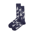 Pair of navy blue crew socks adorned with a repeating pattern of white Dalmatian dogs in various poses.