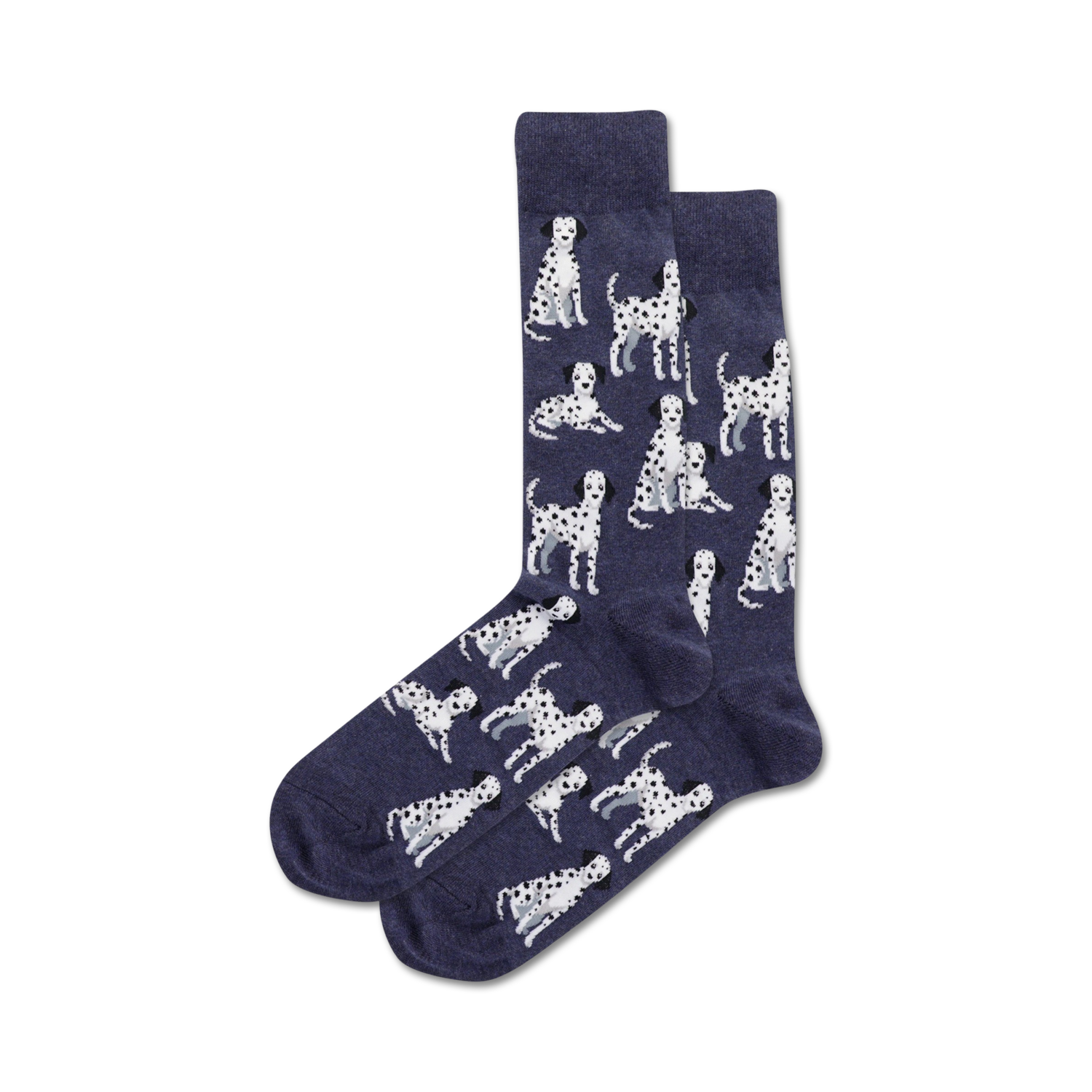 Pair of navy blue crew socks adorned with a repeating pattern of white Dalmatian dogs in various poses.