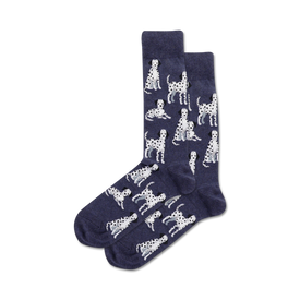 dark blue crew socks for men featuring a pattern of white and black spotted dalmatians.  