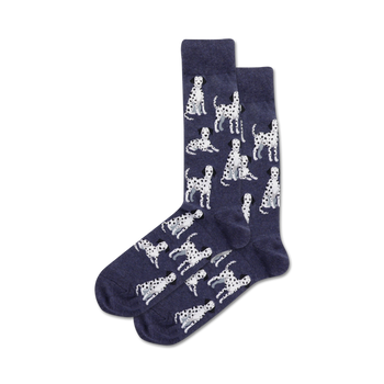 Pair of navy blue crew socks adorned with a repeating pattern of white Dalmatian dogs in various poses.