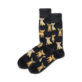 Pair of black crew socks with an all-over print of tan and brown Chihuahuas in various poses. 