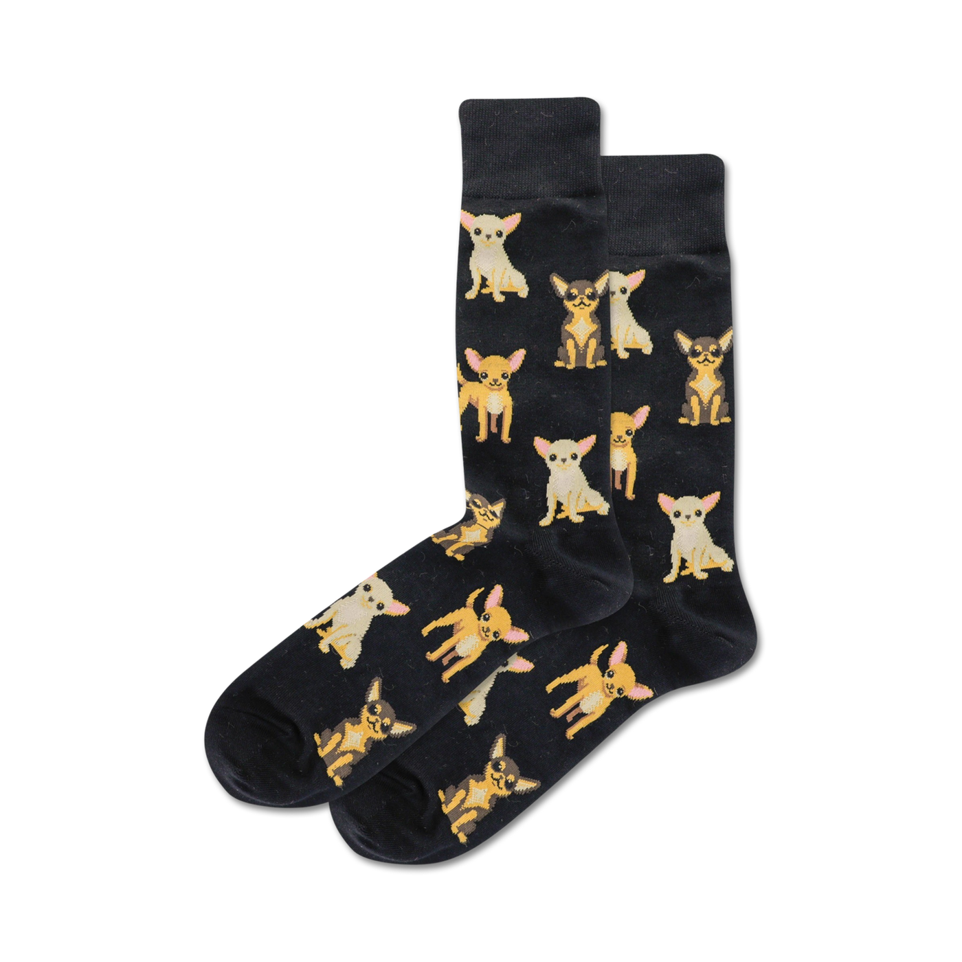 Pair of black crew socks with an all-over print of tan and brown Chihuahuas in various poses. 