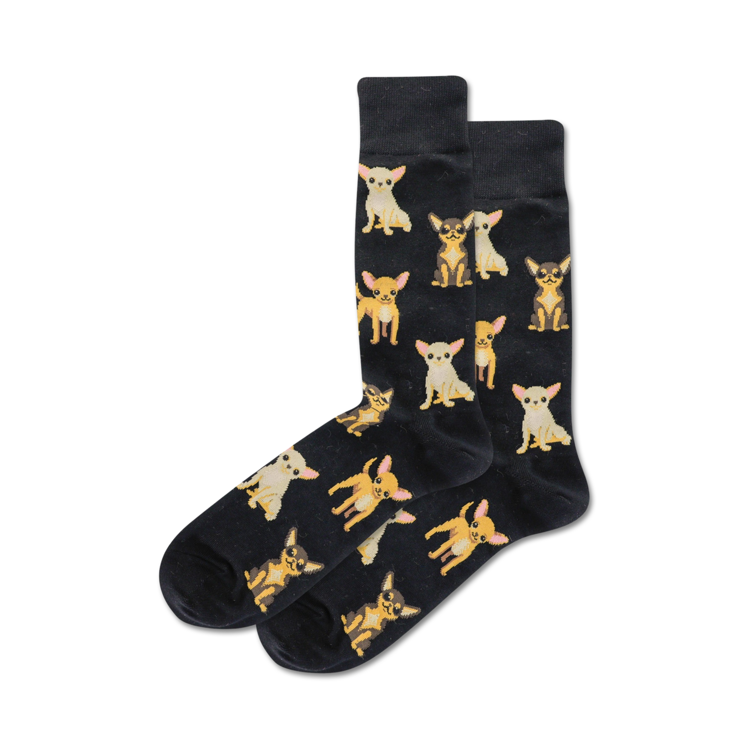 Pair of black crew socks with an all-over print of tan and brown Chihuahuas in various poses. 