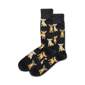 black crew socks with an allover pattern of cartoon chihuahuas in brown, tan, and white.  