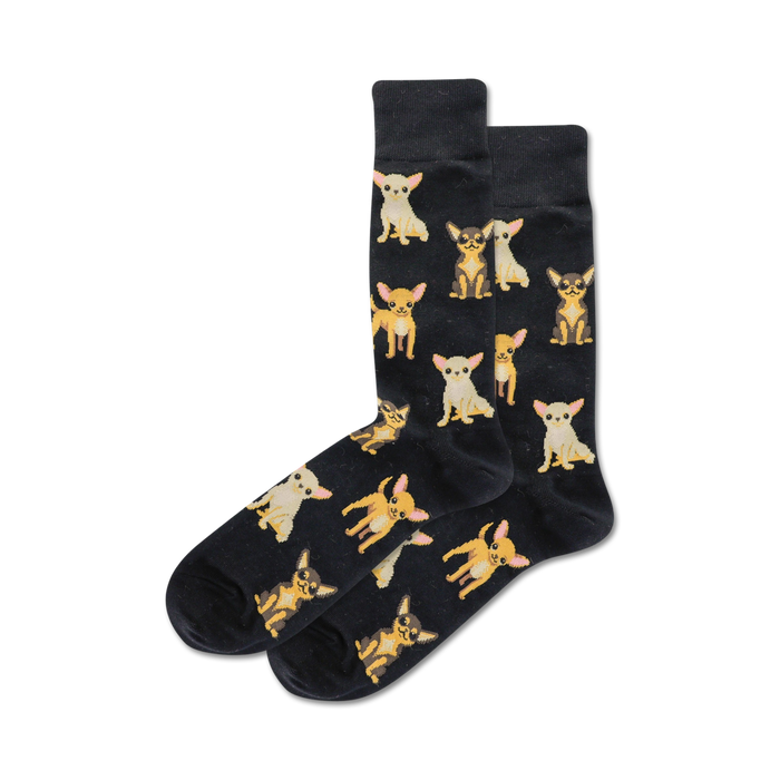 black crew socks with an allover pattern of cartoon chihuahuas in brown, tan, and white.   }}