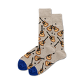 Pair of beige crew socks with repeated acoustic guitar pattern and royal blue cuffs.
