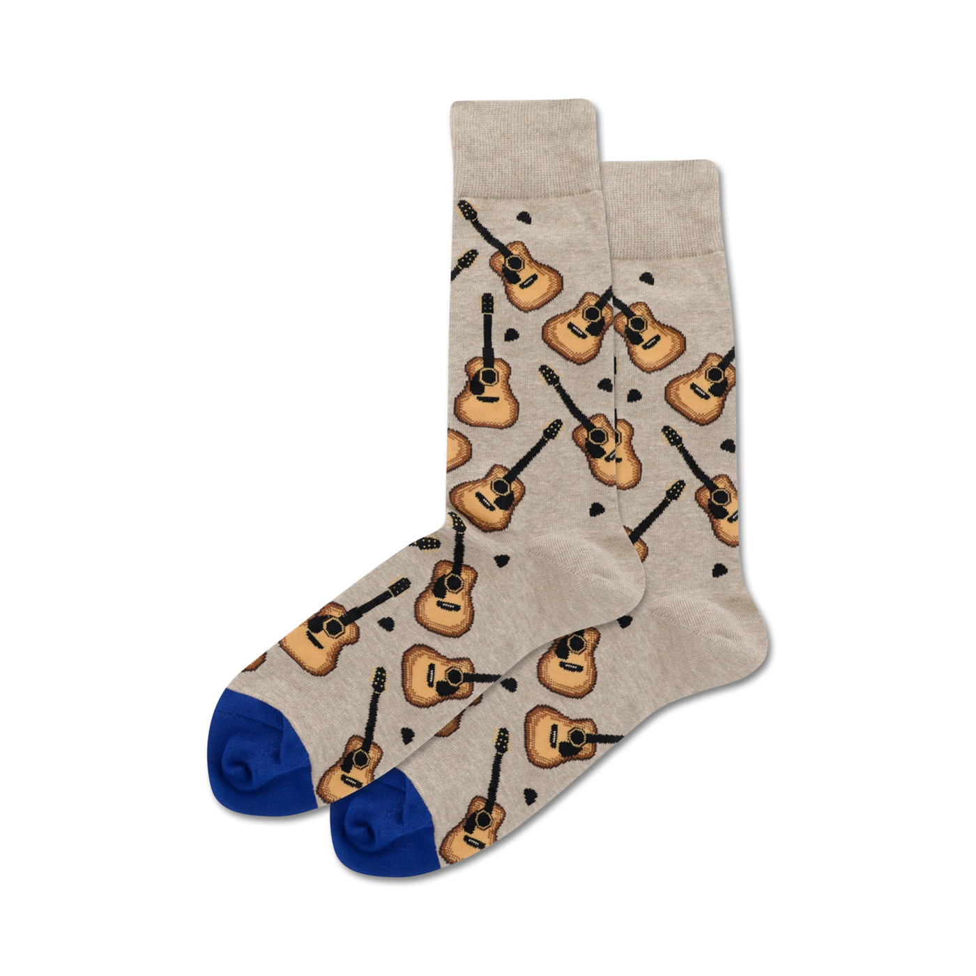 Pair of beige crew socks with repeated acoustic guitar pattern and royal blue cuffs.