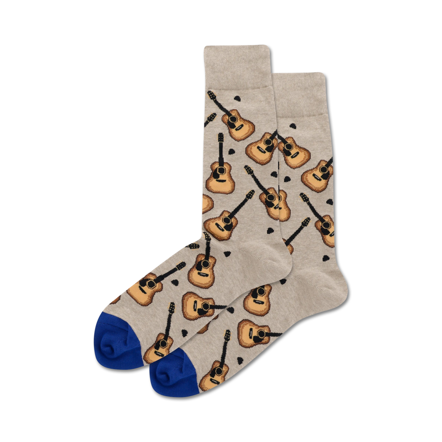 Pair of beige crew socks with repeated acoustic guitar pattern and royal blue cuffs.