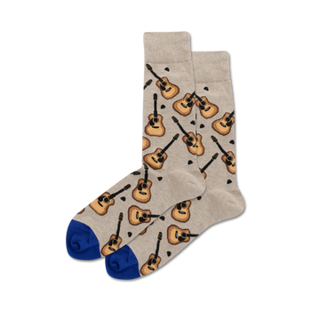 natural hemp colored mens crew socks with  acoustic guitar pattern, guitar picks, and blue toes.   