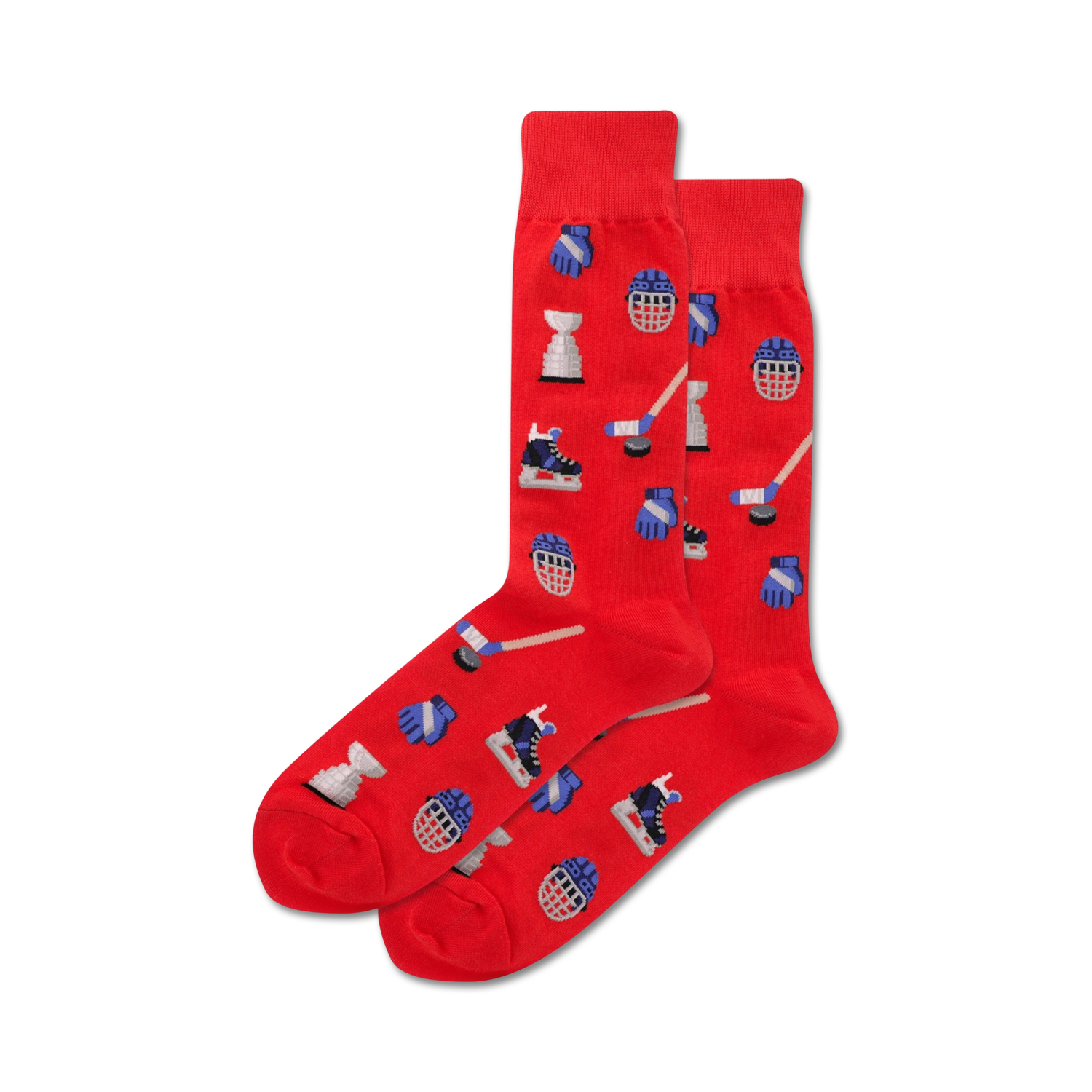 Pair of red crew socks with a hockey-themed pattern. The pattern includes hockey sticks, pucks, goalie masks, and skates in blue.
