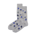 Flatlay image showing a pair of grey crew socks with a hockey-themed pattern. The pattern includes hockey sticks, pucks, goalie masks, and skates in blue.