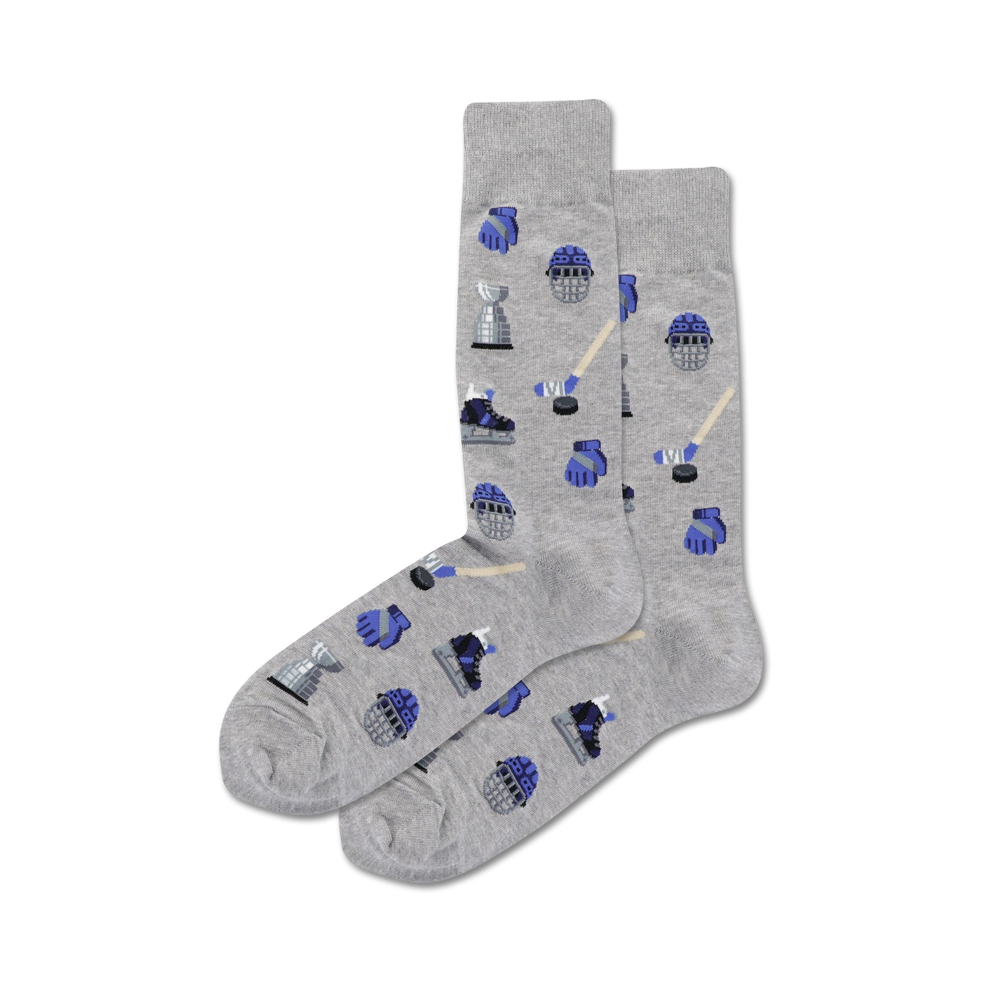 Flatlay image showing a pair of grey crew socks with a hockey-themed pattern. The pattern includes hockey sticks, pucks, goalie masks, and skates in blue.