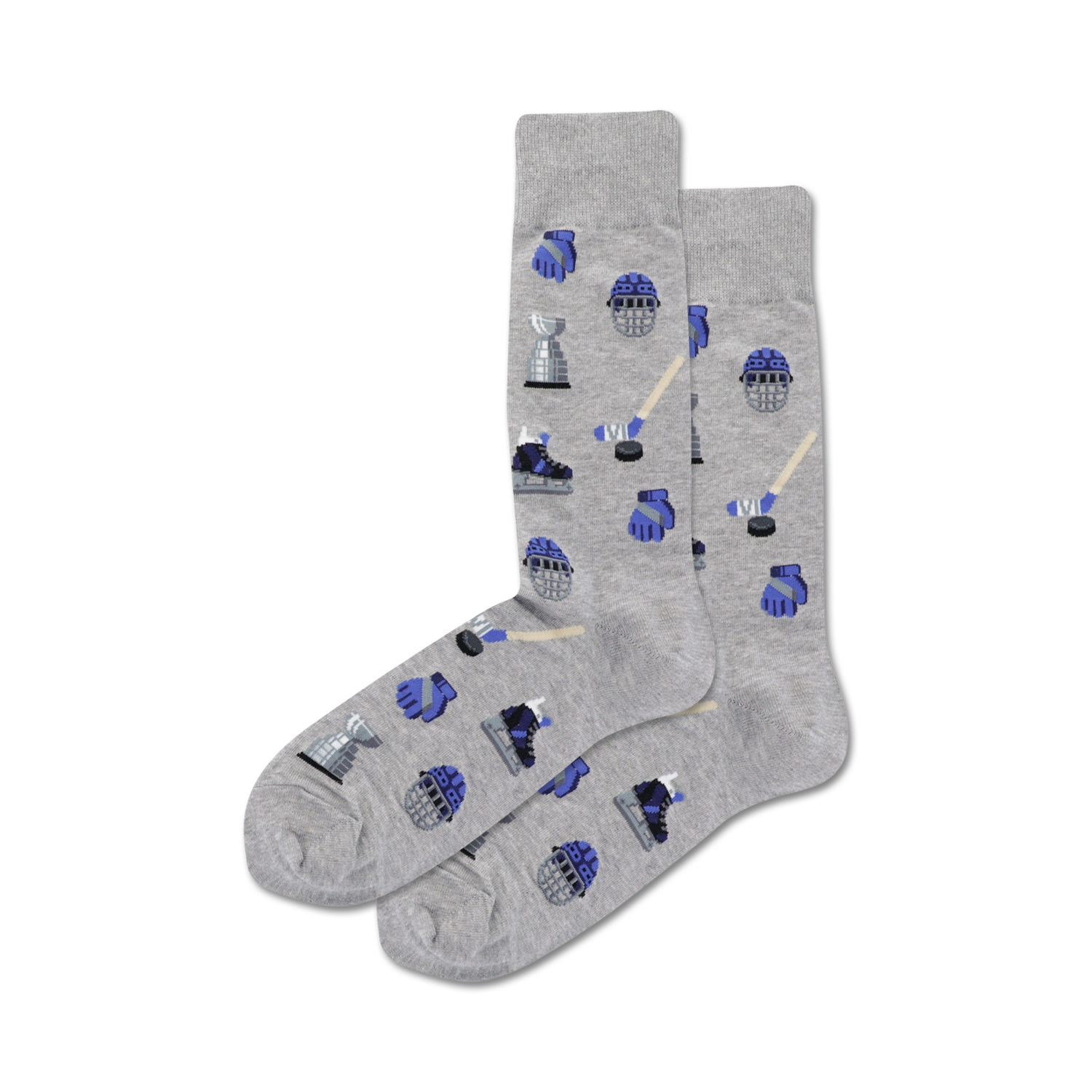 Flatlay image showing a pair of grey crew socks with a hockey-themed pattern. The pattern includes hockey sticks, pucks, goalie masks, and skates in blue.