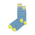 A pair of crew socks.  The socks are light blue with a repeating pattern of black and white soccer balls. The cuffs have a grey and neon yellow stripe.