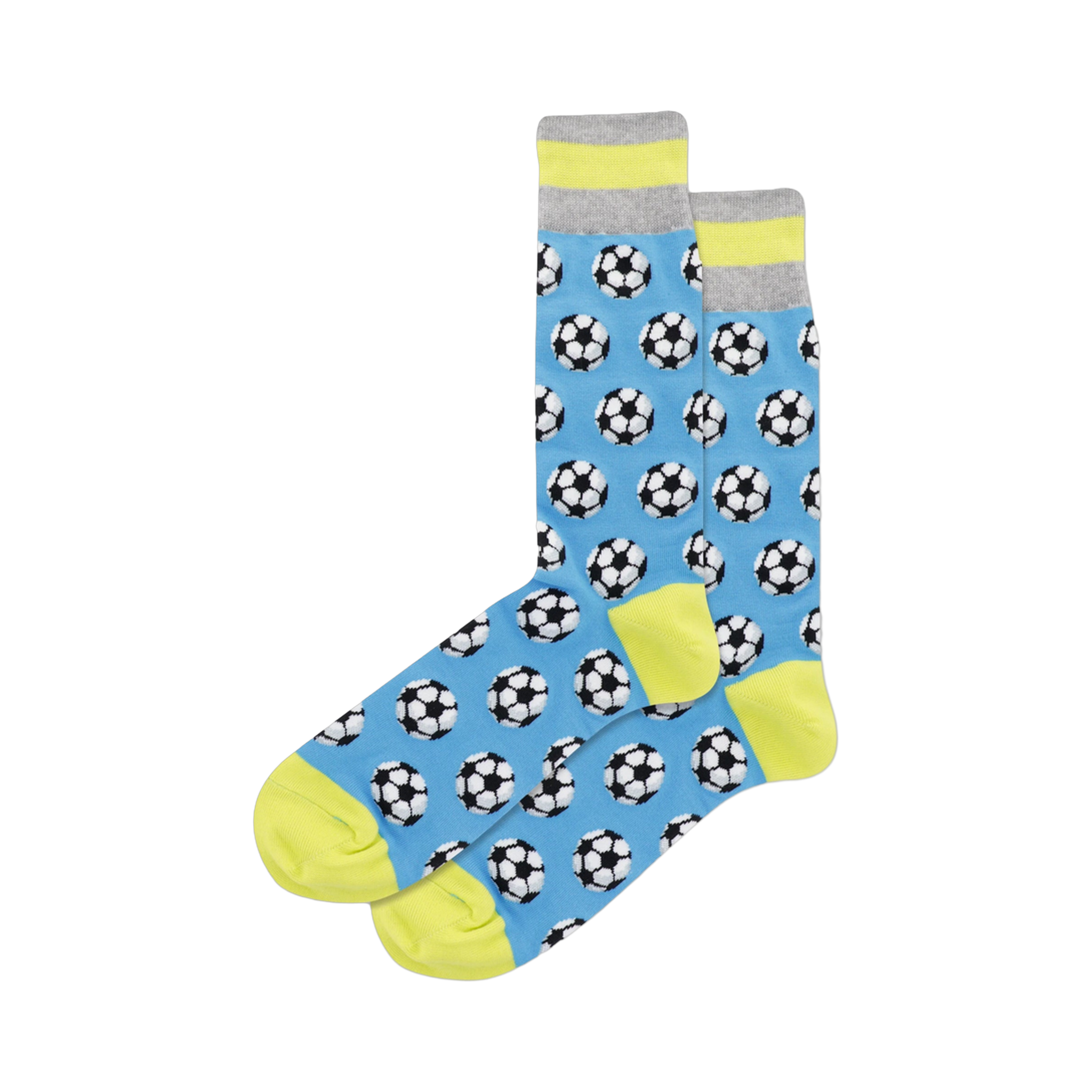 A pair of crew socks.  The socks are light blue with a repeating pattern of black and white soccer balls. The cuffs have a grey and neon yellow stripe.