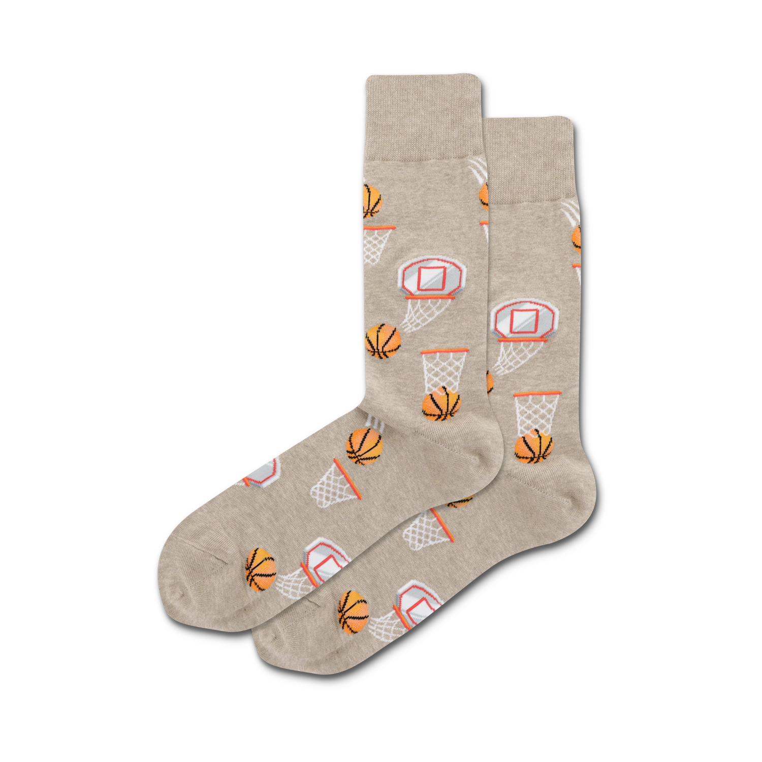Pair of crew socks in beige and orange, featuring a repeating pattern of basketballs and hoops.