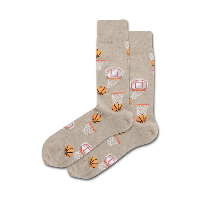 men's brown crew socks featuring an allover pattern of basketballs going into basketball hoops.  