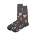 Close-up of a pair of grey crew socks with basketball and hoop pattern.