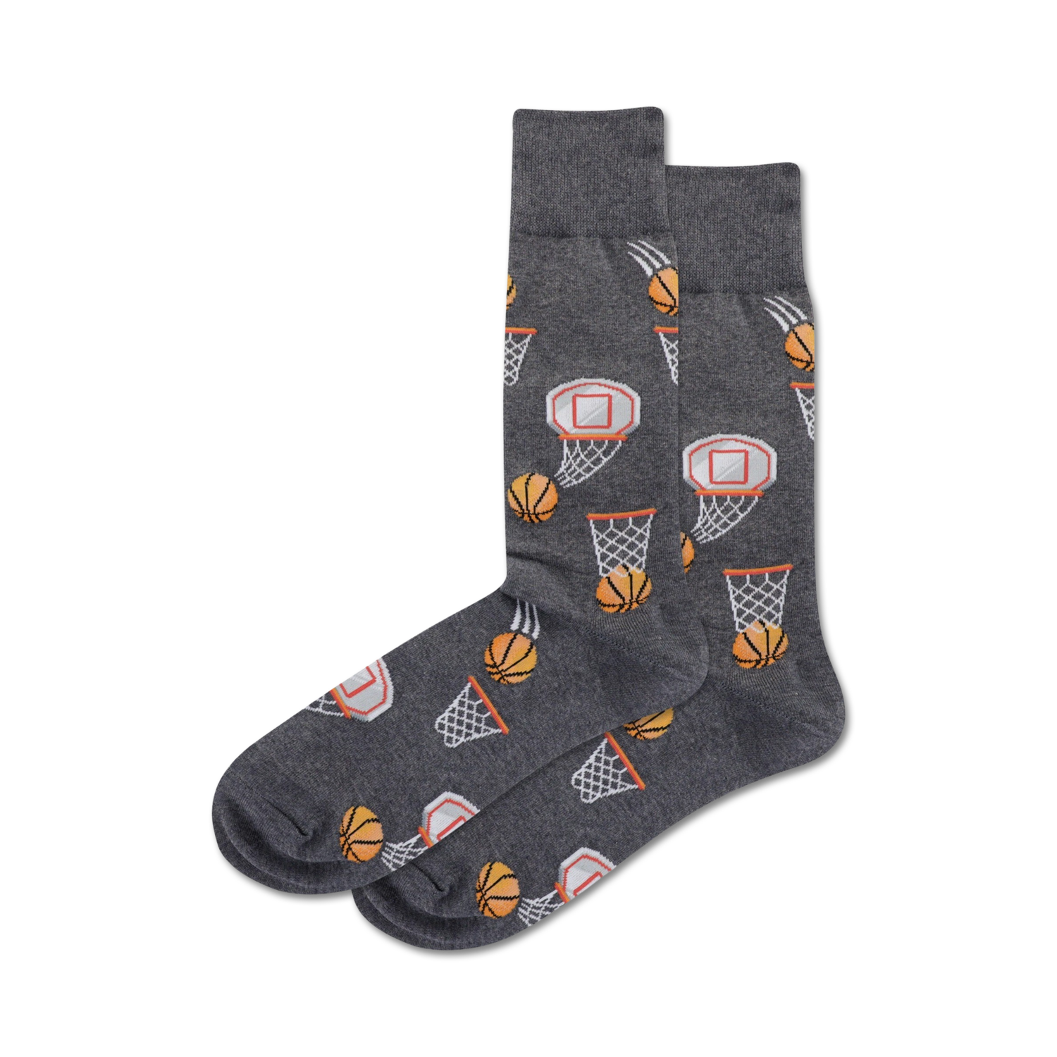 Close-up of a pair of grey crew socks with basketball and hoop pattern.
